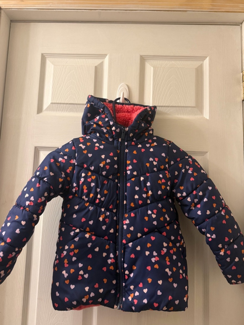 Carters Girls Navy Heart Print Puffer Jacket with Pink Lining